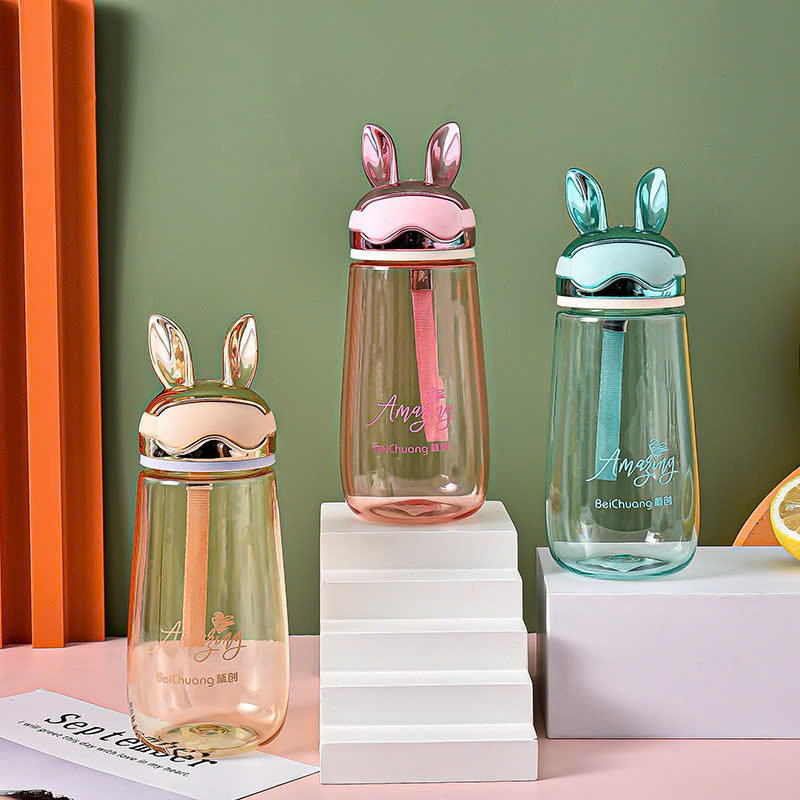 Bình Nước Thủy Tinh 340ML Hình Tai Thỏ Dễ Thương