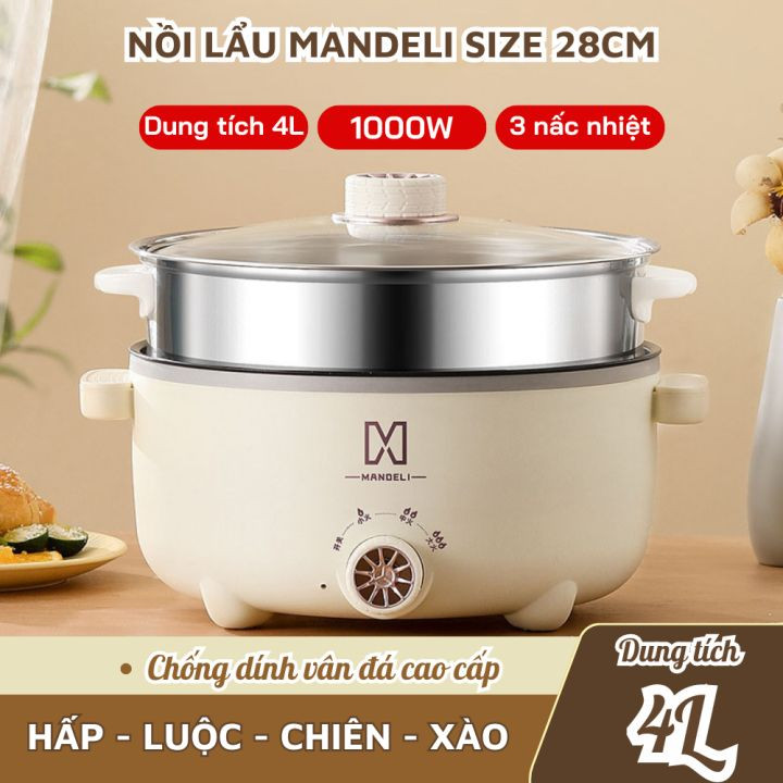 Nồi Lẩu MANDELI Chống Dính 28Cm Tặng Vỉ Hấp Inox