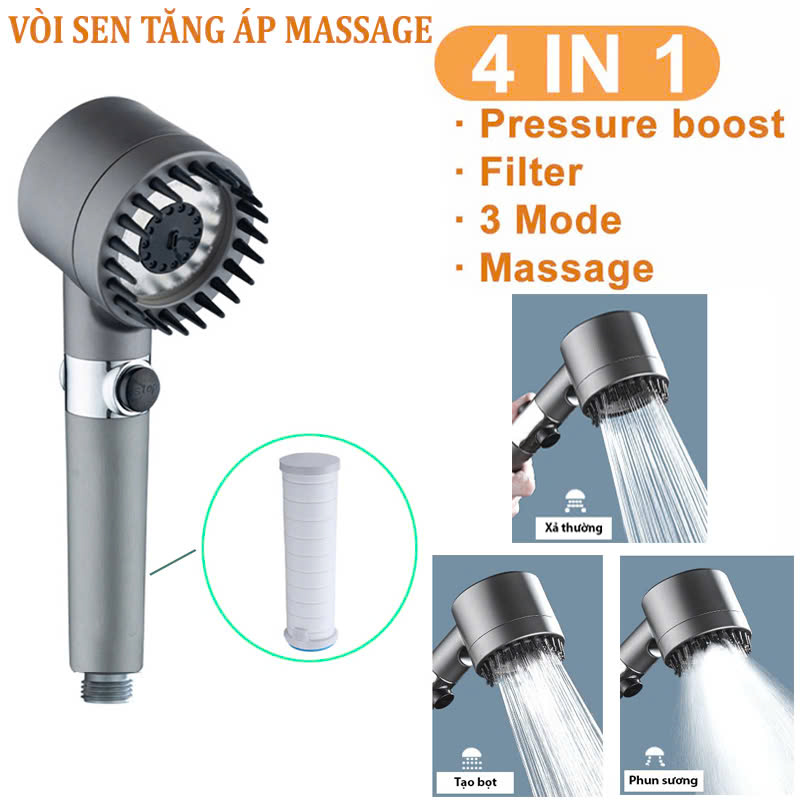 Vòi Sen Tăng Áp 4 Chế Độ Kèm Dây