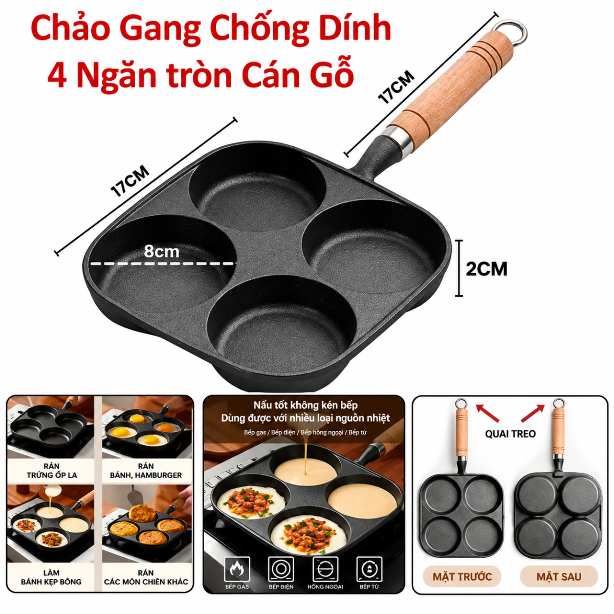 CHẢO GANG CHỐNG DÍNH 4 NGĂN TRÒN CÁN GỖ (T50)