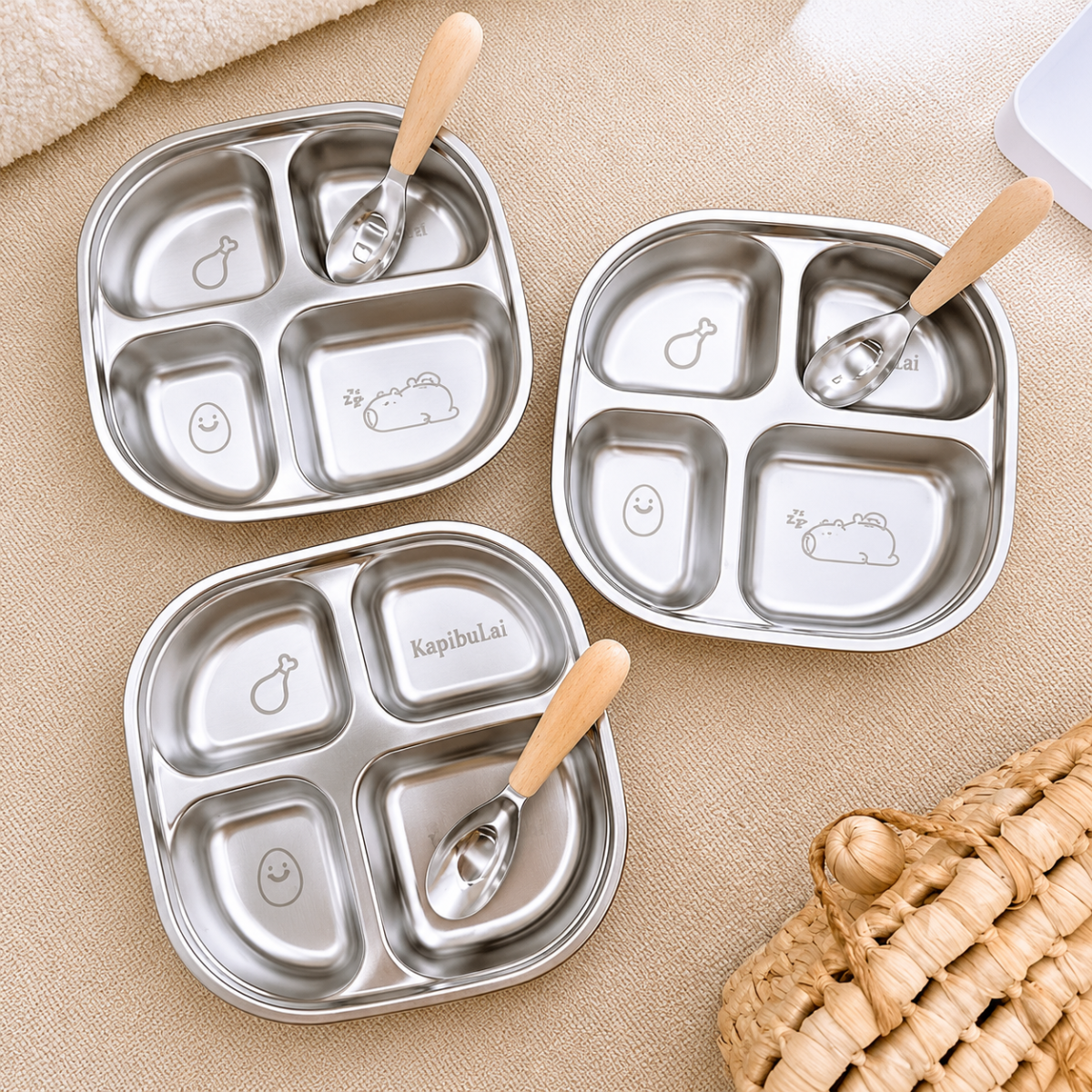 KHAY CƠM INOX 4 NGĂN KÈM MUỖNG (T100)
