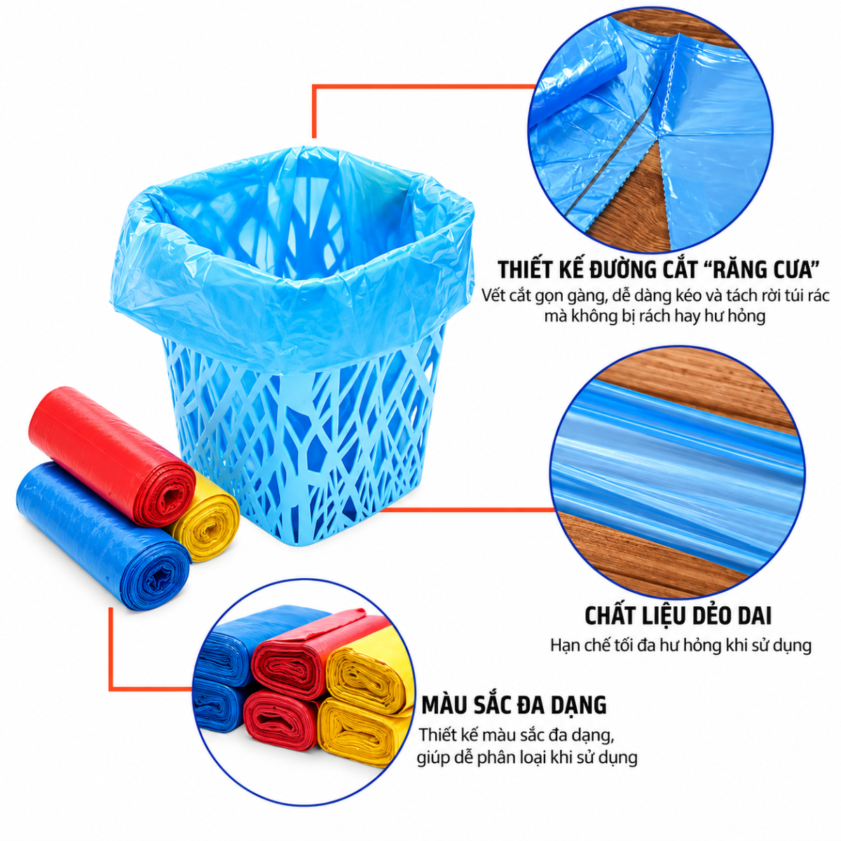 SET 3 CUỘN TÚI RÁC MÀU 1KG SIÊU DAI (BAO 25 SET)