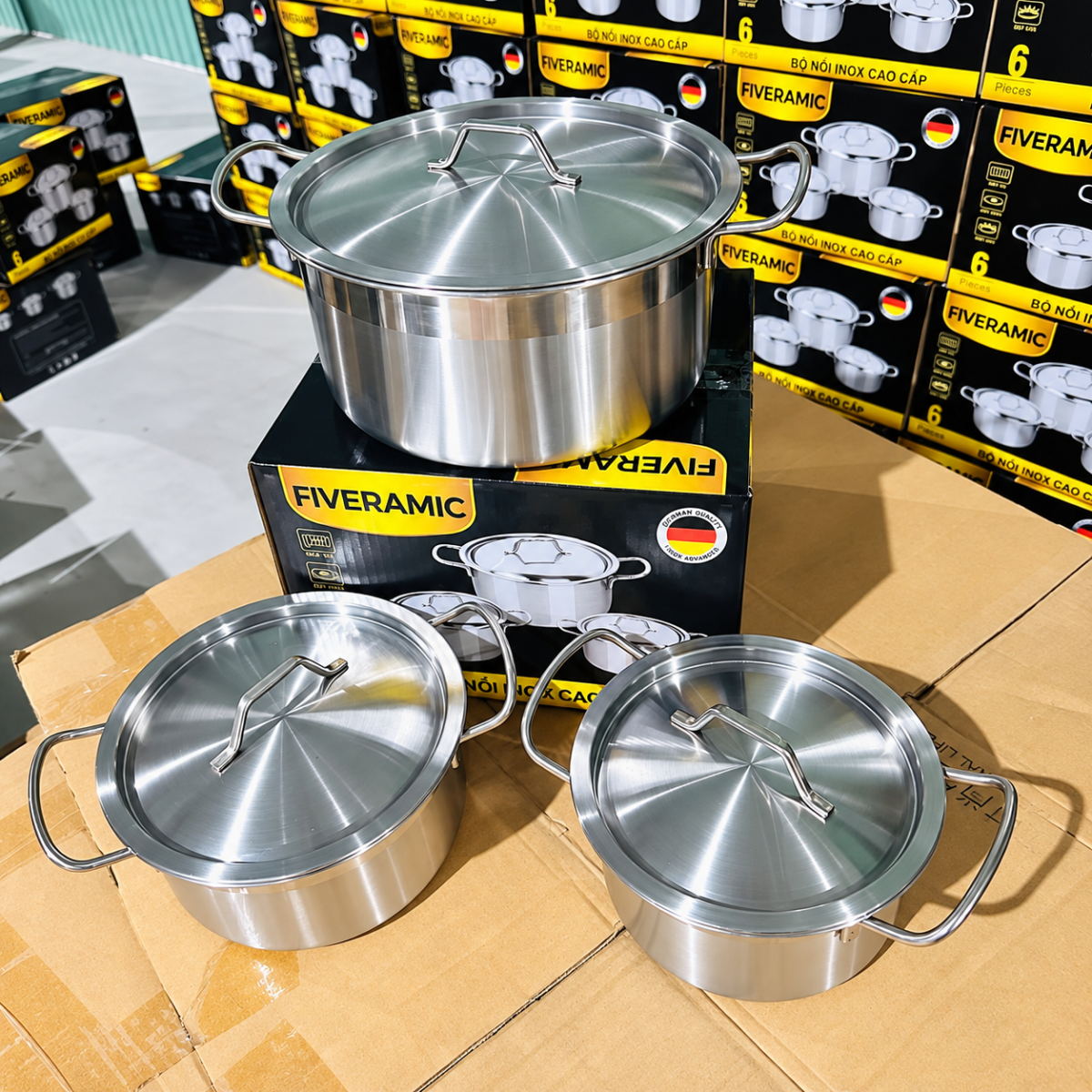BỘ 3 NỒI INOX FIVERAMIC CÓ QUAI CAO CẤP
