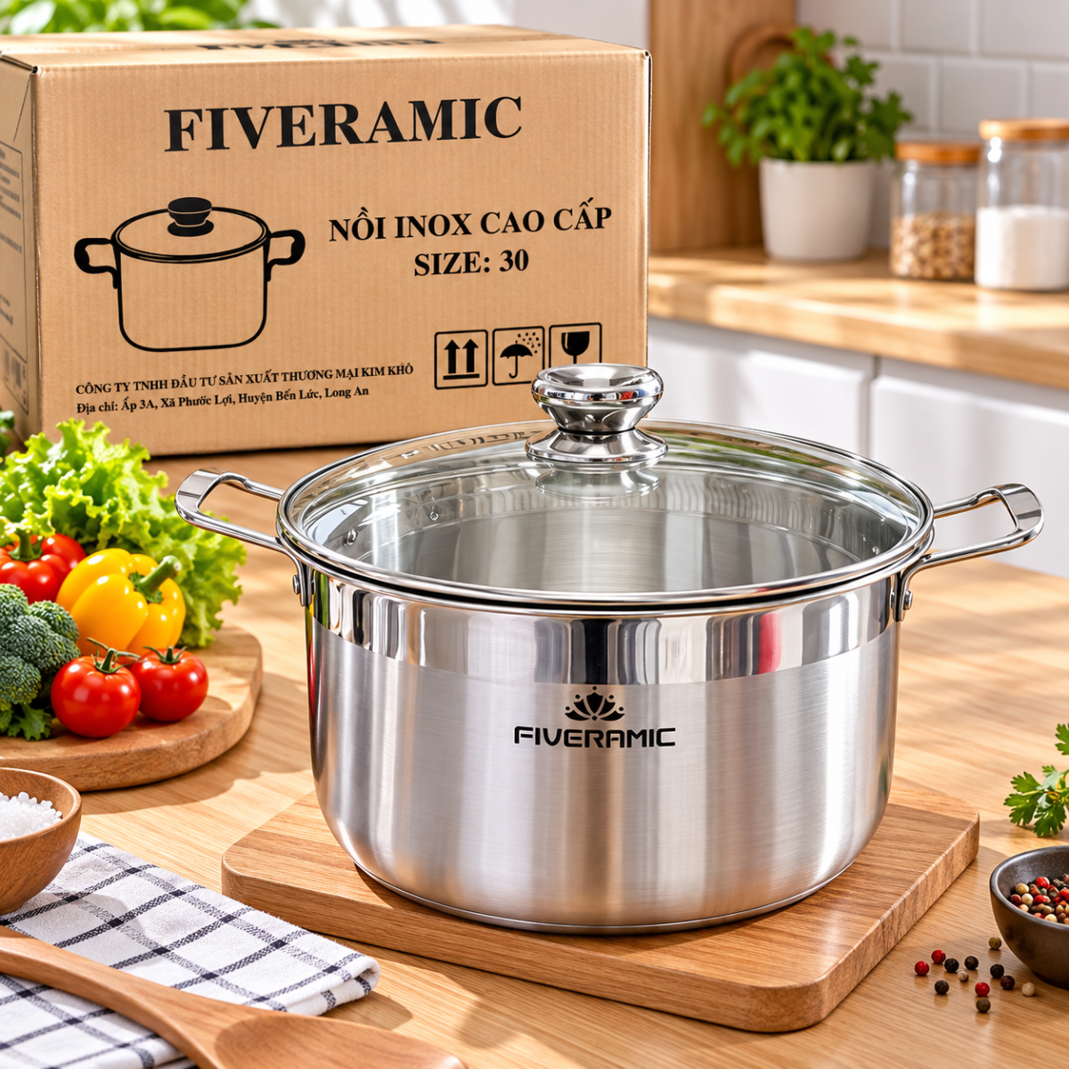 NỒI INOX NẮP KÍNH FIVERAMIC 30CM CAO CẤP