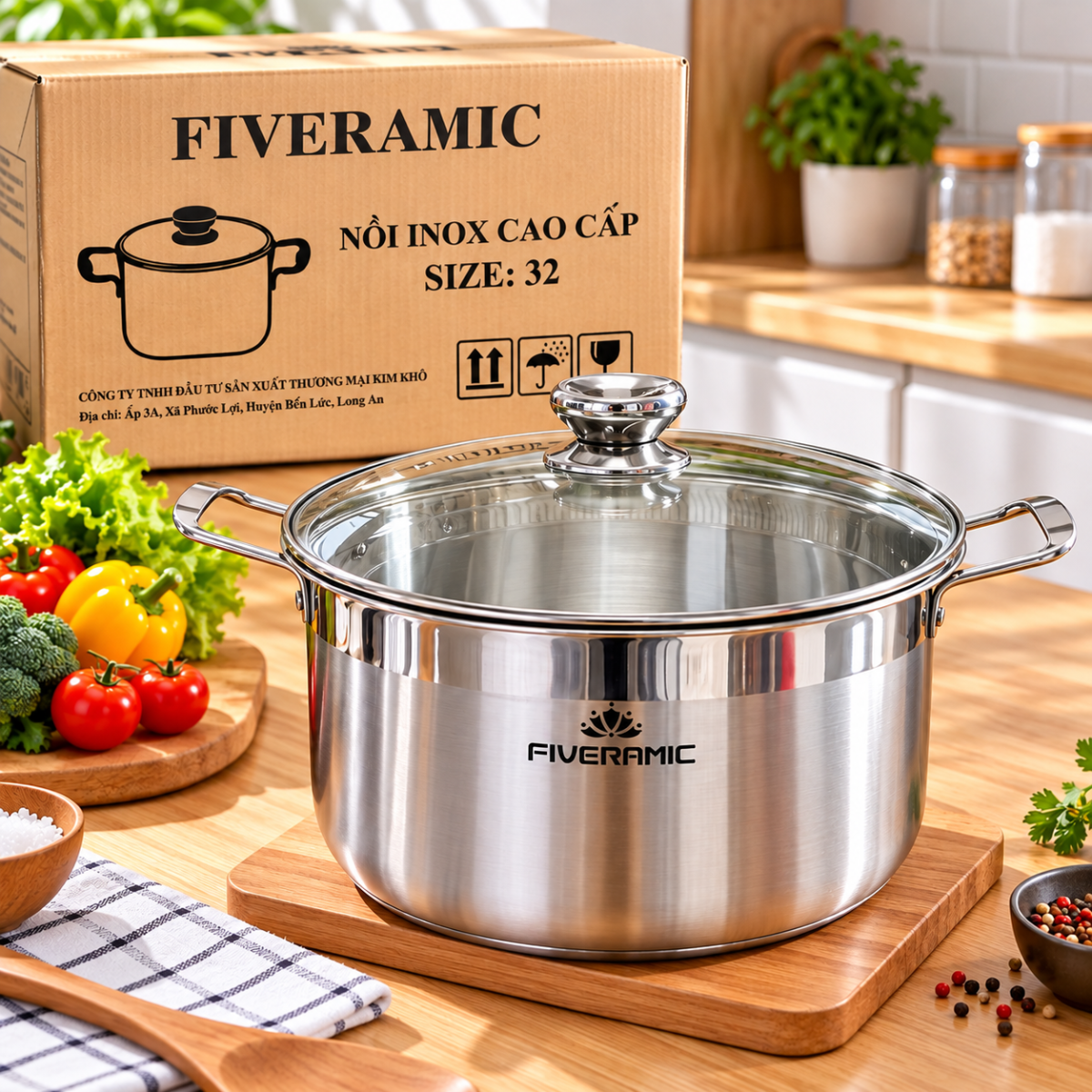 NỒI INOX NẮP KÍNH FIVERAMIC 32CM CAO CẤP