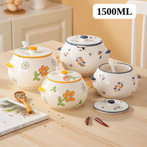 HỦ ÂU SỨ ĐỰNG MỠ HOẠ TIẾT HOA LÁ KÈM THÌA 1500ML