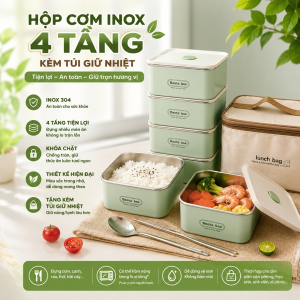 HỘP CƠM INOX 4 TẦNG HỘP VUÔNG KÈM TÚI (T28)