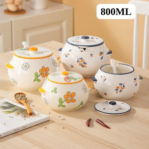 HỦ ÂU SỨ ĐỰNG MỠ HOẠ TIẾT HOA LÁ KÈM THÌA 800ML