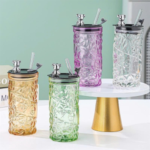 LY THỦY TINH PHA LÊ NẮP GẤU KÈM ỐNG HÚT