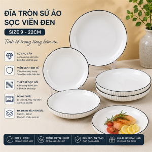 ĐĨA TRÒN SỨ ẢO SỌC VIỀN ĐEN SIZE 9 - 22CM (T40)