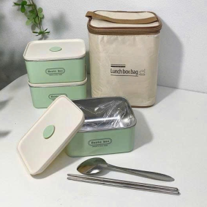 HỘP CƠM INOX 3 TẦNG HỘP VUÔNG KÈM TÚI