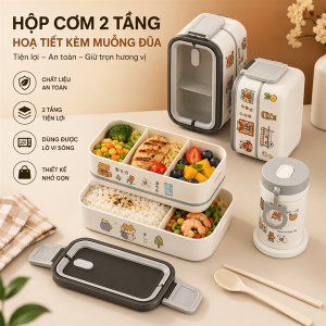 HỘP CƠM 2 TẦNG HOẠ TIẾT KÈM MUỖNG ĐŨA